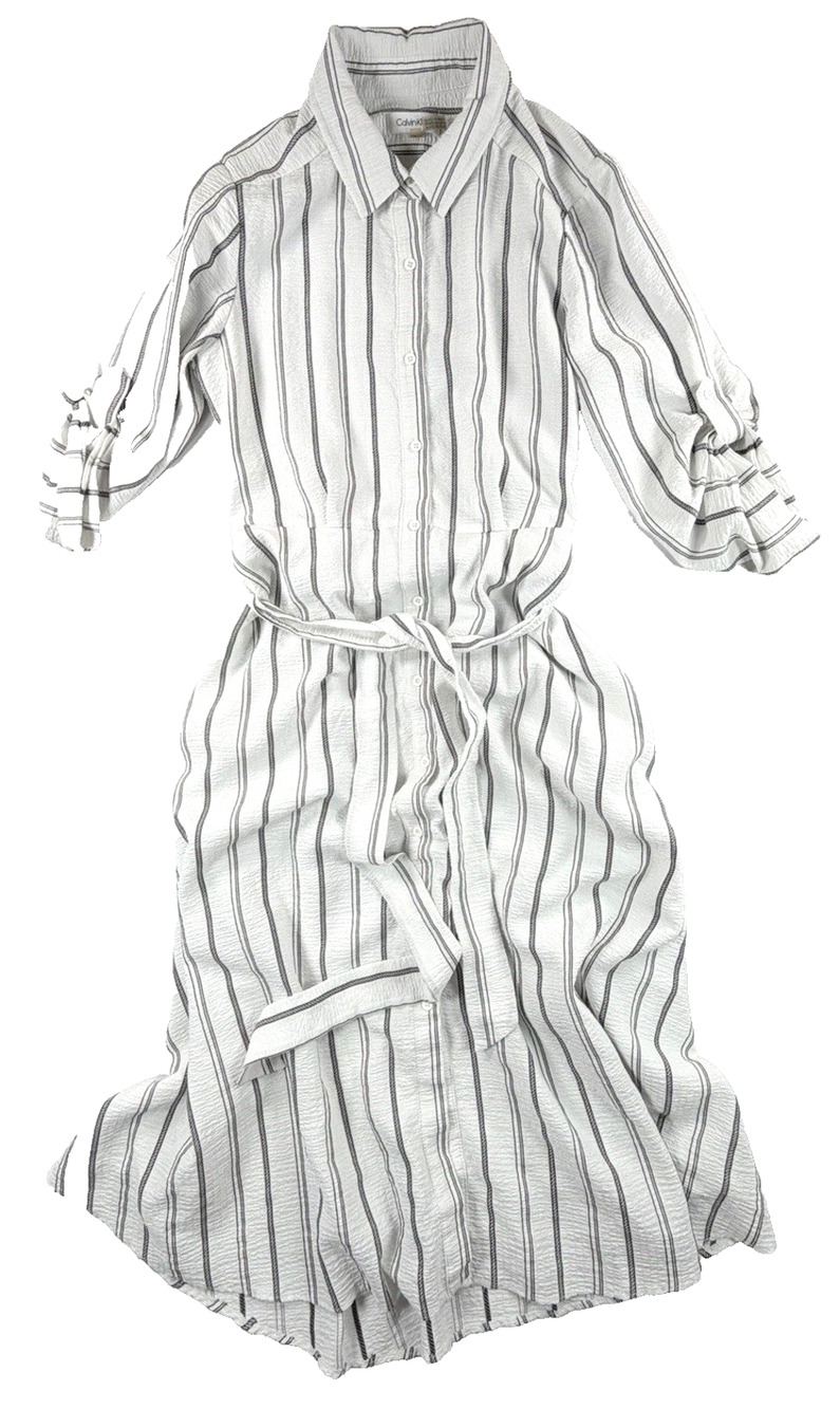 Calvin Klein Women's Size 4 White Black Striped BeltedMidi Shirt Dress